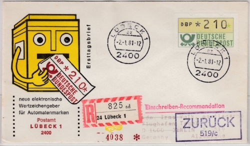 Berlin - 210 Pfg. ATM Einschreibebrief/FDC Lübeck - Berlin 1981 - Retourvermerk