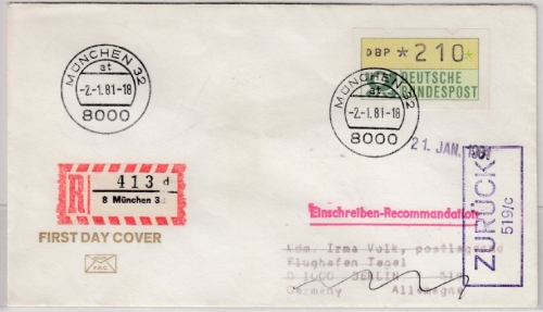 BRD - 210 Pfg. ATM, Einschreibebrief/FDC München - Berlin 1981, Retourvermerk