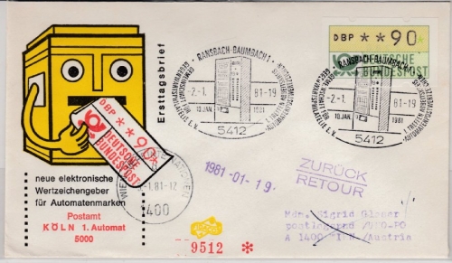 BRD - 90 Pfg. ATM, Schmuck-FDC n. ÖSTERREICH, ESST Ransbach-Baumbach - Wien 1981