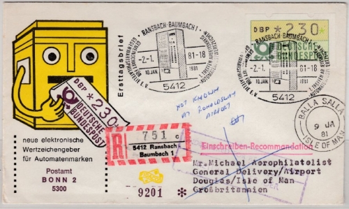 BRD - 230 Pfg. ATM,Einschreibebrief/Schmuck-FDC n. GB/ISLE OF MAN, ESST Ransbach