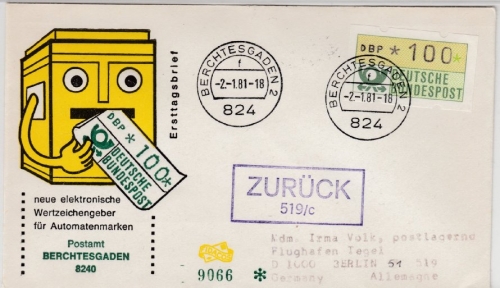 BRD - 100 Pfg. ATM, Schmuck-FDC EST Berchtesgaden - Berlin 1981, Retourvermerk