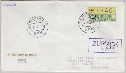 BRD - 40 Pfg. ATM, Schmuck-FDC EST Darmstadt - Berlin 1981, Retourvermerk