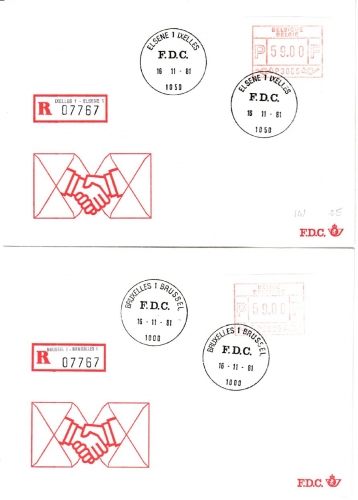 Belgien - 59 Fr. ATM, 6 versch. Schmuck-FDC/Einschreiben 1981