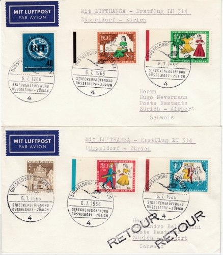 Berlin - Wohlfahrt 1965, Satz/Seitenrand m. Farbstreifen, 2 Erstflug-Briefe