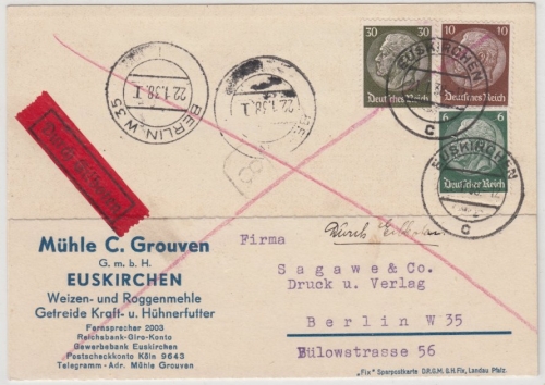 DR - 30+10+6 Pfg. Hindenburg, Eilkarte Euskirchen - Berlin 1938