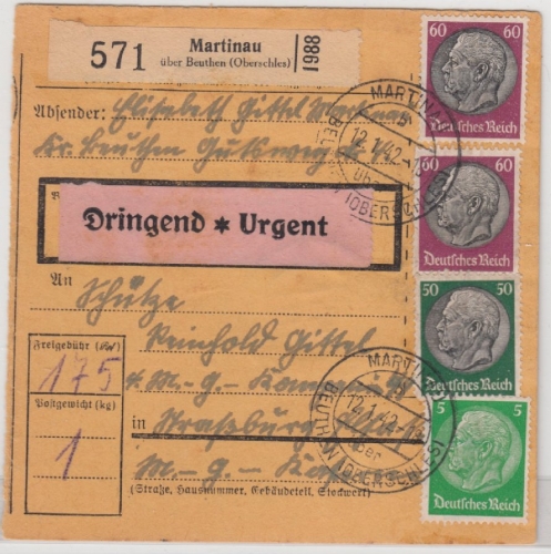 DR - 2x60+50+5 Pfg. Hindenburg, Dringend-Paketkarte Martinau ü. Beuthen 1942