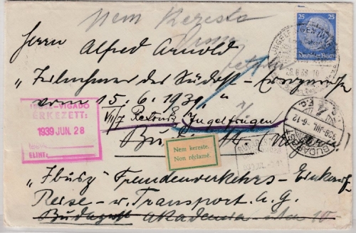 DR - 25 Pfg. Hindenburg Brief n. UNGARN Ingelfingen - Budapest 1939 Retourzettel