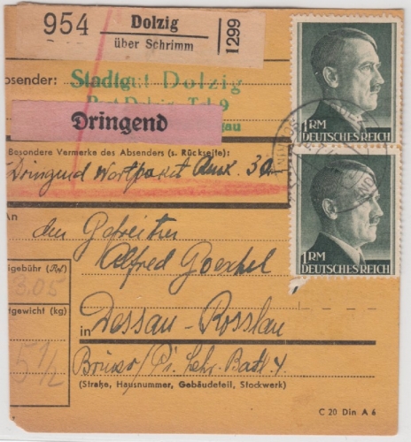 DR - 3x1 RM + 5 Pfg. AH, Dringend-Wertpaketkarte Dolzig ü. Schrimm - Dessau 1943