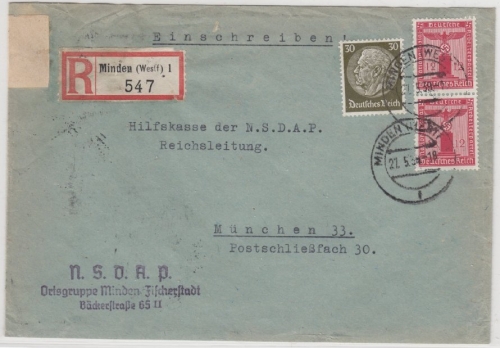 DR - 2x12 Pfg. Dienst + 30 Pfg. Hindenburg, Einschreibebrief Minden - München