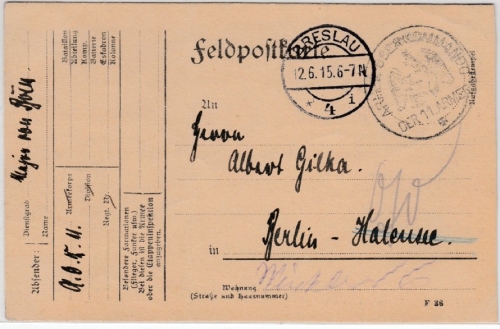 DR - Armee-Oberkommando d. 11. Armee Feldpostkarte Breslau 4 - Berlin 1915