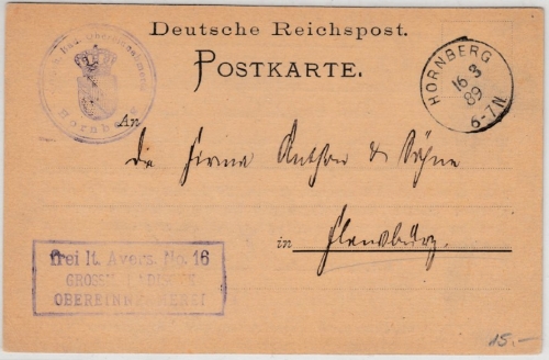 DR - Frei lt. Avers Nr.16 Grossh. Bad. Obereinnehmerei, Karte Hornberg 1889 n.