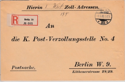 DR - Berlin W30 Postsache Ortsbrief Einschreiben 1906 Vordruckkuvert Zoll