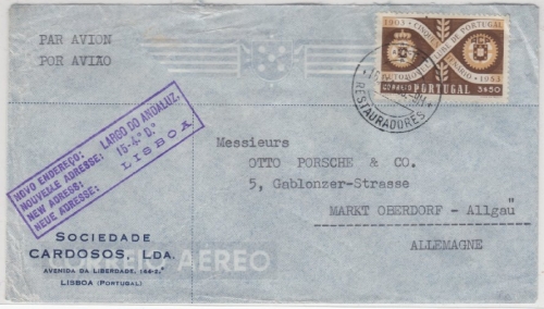 Portugal - 3,50 E. 50 J. Automobilclub, LupoBrief, Lissabon - Marktoberdorf 1953