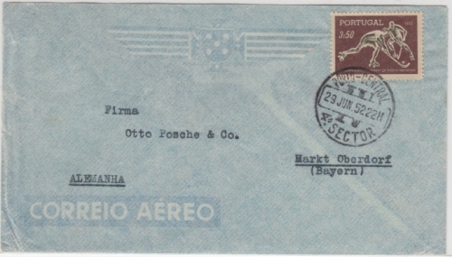 Portugal - 3,50 E. Rollhockey-WM, Lupo-Brief Porto - Marktoberdorf 1952