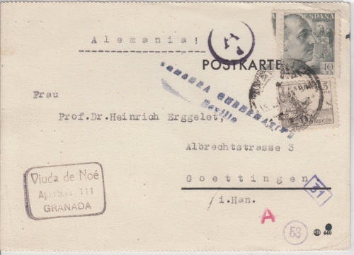 Spanien - 40 C. General Franco u.a., Zensurkarte Granada - Göttingen 1941