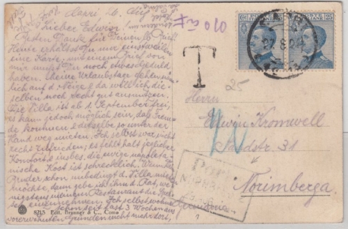 Italien - 2x25 C. Victor Emanuel, Karte Capri - Nürnberg 1924, Nachporto !!