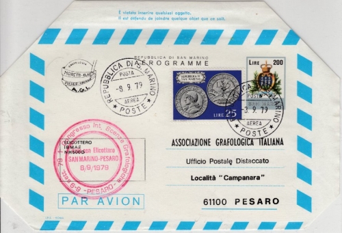 San Marino - 200 L. Aerogramme, SST 1. Congresso Int. Scenze Grafologiche 1979