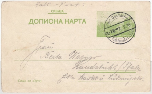Serbien - 5 Pa. "König Peter im Felde" Ganzsache Dt. Feldpost Stat. 18 - 1916