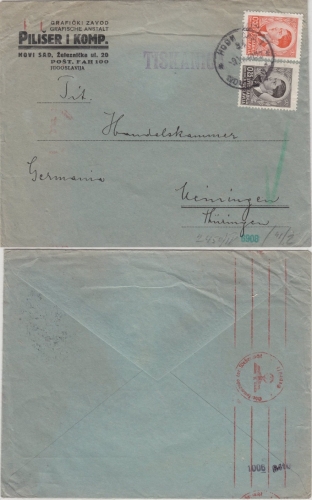 Jugoslawien - 0,25 + 0,50 Din. Drucksache Novi Sad - Meiningen 1940, Zensur
