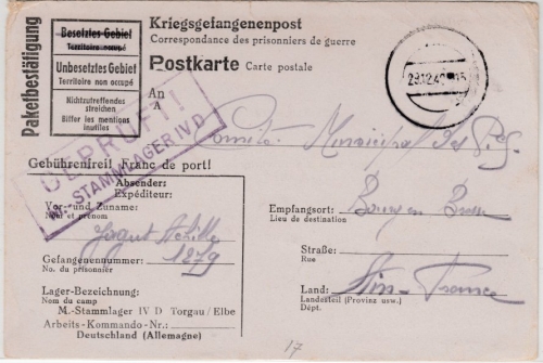 DR - Kriegsgefangenenpost Lager Torgau, Karte/Paketbestätigung n. Frankreich