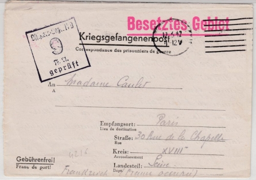 DR - Kriegsgefangenenpost Lager Torgau, Faltbrief n. Paris 1942, Lagerzensur