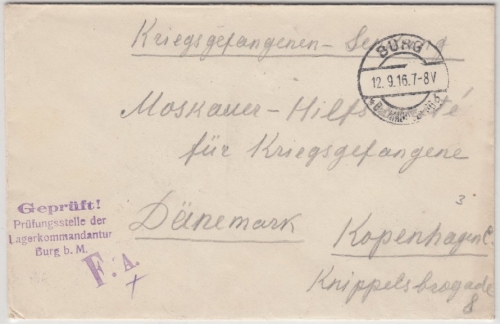 DR - Kriegsgefangenenpost Lager Burg b.Magdeburg, Brief n. DÄNEMARK 1916