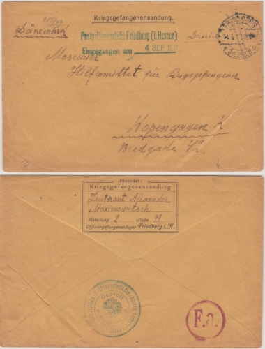DR - Kriegsgefangenenpost Lager Friedberg (Hessen), Brief n. DÄNEMARK 1916