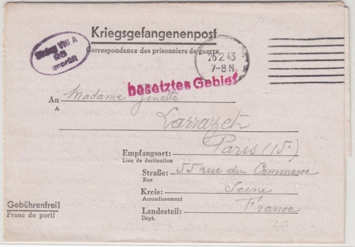 DR - Kriegsgefangenenpost Lager Görlitz (Stalag VIIIA), Brief n. Frankreich 1941