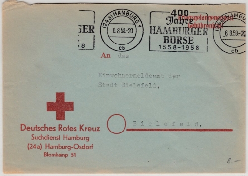 BRD - Kriegsgefangenenpost, Vordruckkuvert Rotes Kreuz Hamburg - Bielefeld 1958