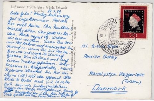 BRD - 20 Pfg. Fugger, Karte n. DÄNEMARK, Eglofstein ü. Forchheim 1959