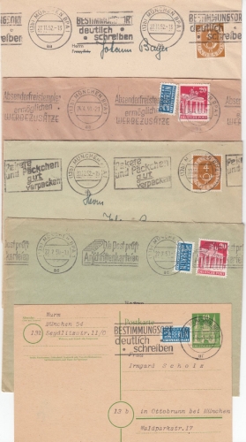 BRD - Posteigenwerbung, 5 Briefe/Karte m. Masch.stpl. München 1950/52