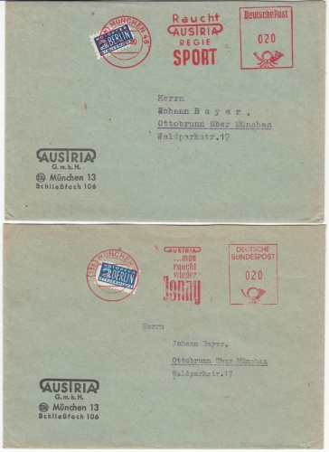 BRD - Austria (Tabak), 2 versch. AFS, 2 Briefe München 46 - Ottobrunn 1950/51