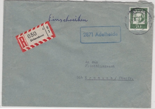 BRD - 2871 Adelheide, Landpoststellen-Ra2 a. Einschreibebrief Delmenhorst 1964