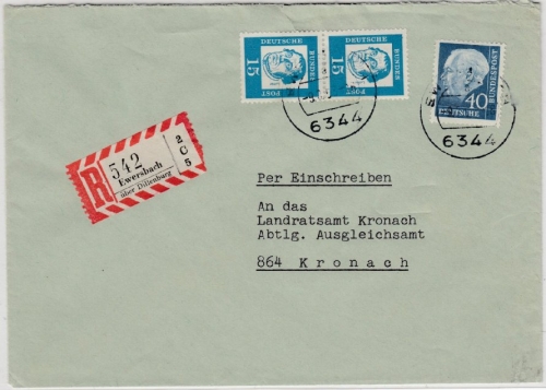 BRD - Ewersbach ü. Dillenburg, Einschreibebrief Poststelle I n. Kronach 1963