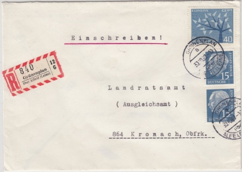 BRD - Grünenplan ü. Alfeld (Leine), Einschreibebrief/Poststelle I n.Kronach 1963