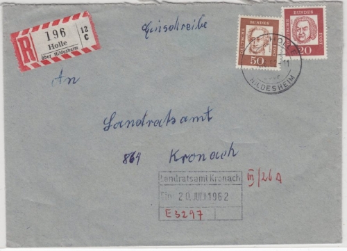 BRD - Holle ü. Hildesheim, Einschreibebrief/Poststelle I n.Kronach 1962