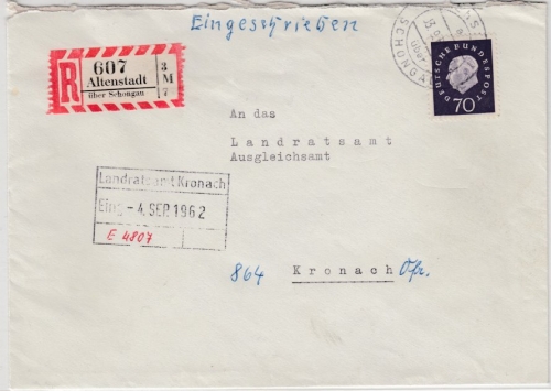BRD - Altenstadt ü. Schongau, Einschreibebrief/Poststelle I n. Kronach 1962