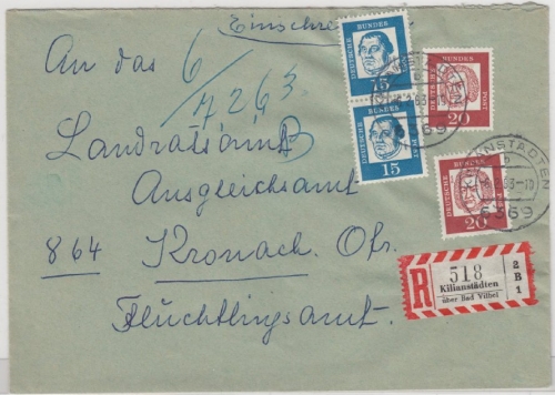 BRD - Kilianstädten ü. Bad Vilbel, Einschreibebrief/Poststelle I n. Kronach 1963