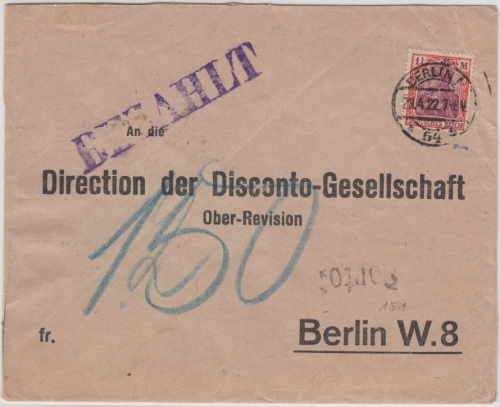 DR - 1 1/4 M. Germania, Ortsbrief Berlin N54, 1922 - Nachporto, ohne Inhalt