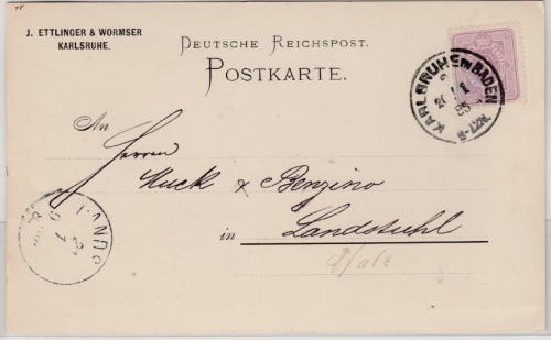 DR - Karlsruhe in Baden 2, Klaucke-Stpl. a. Firmenkarte n. Landstuhl 1885