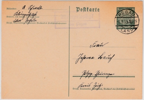 DR - Kleinpriesligk ü. Pegau, Landpost-Ra2 a. 6 Pfg. GA-Karte n. Pülzig 1935