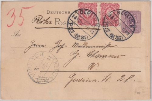 DR - 5 Pfg. Ganzsache + Zusatz Rohrpost Ortskarte Berlin N P37(R37) 1889