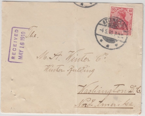 DR - Direkter Weg Sondertarif, 10 Pfg. Germania, Brief n. USA, Attendorn 1910