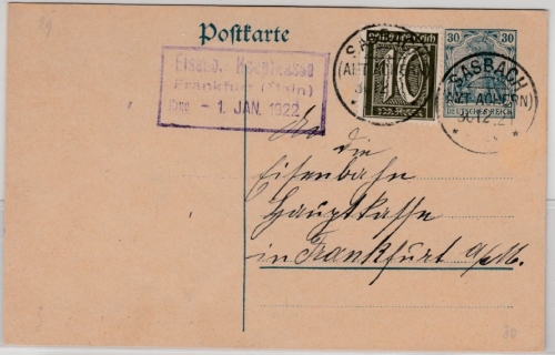 DR - Sasbach (Amt Achern) 30.12.21 KOS a. 30 Pfg. Ganzsache + Zusatz n. FFM