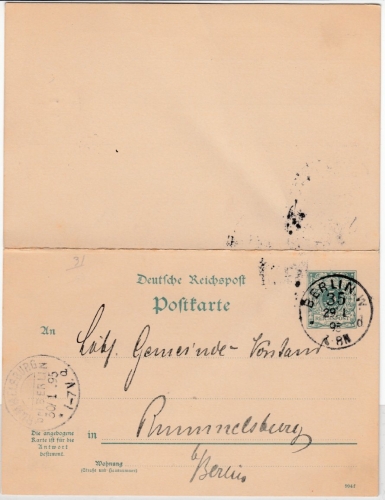 DR - Rummelsburg bei Berlin 30.1.95, KOS a. 5 Pfg. Antwort-GA v. Berlin W35