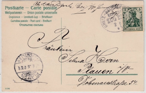 DR - Bahnpost Greiz-Neumark (Sachsen), Zug 2220, Karte n. Plauen 1906