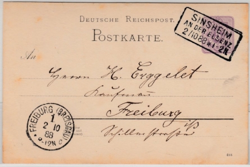 DR - Sinsheim an der Elsenz 1888, Ra3 klar a. 5 Pfg. GA-Karte n. Freiburg