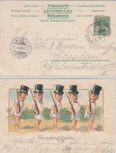 DR - Bahnpost Breslau-Myslowitz Zug 278, Karte(Hemdengigerln !!) n. Breslau 1901