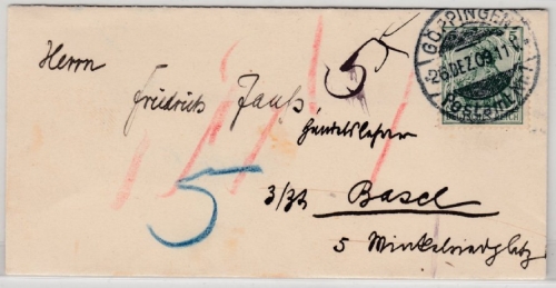 DR - 5 Pfg. Germania, Drucksachenbriefchen i.d. SCHWEIZ, Göppingen - Basel 1909