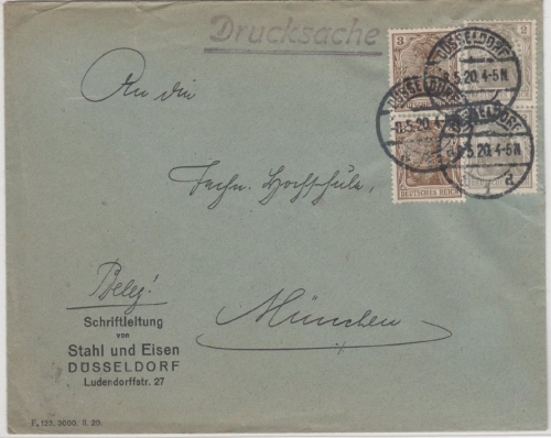 DR - 2x2+2x3 Pfg. Germania (Perfin), Drucksache Düsseldorf - München 1920